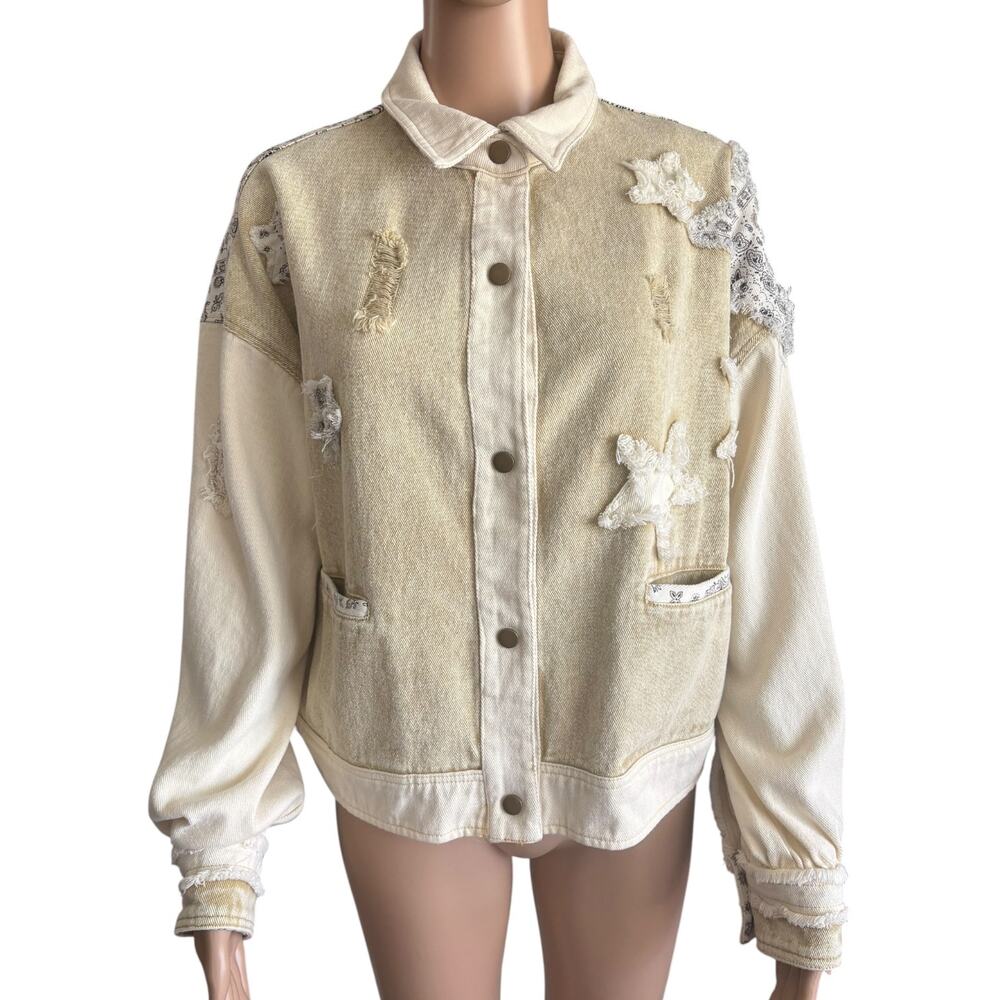 Oli & Hali Oversized Bandana Patchwork Star Denim Jacket Distressed Western Boho